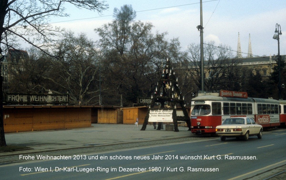 Wien WVB SL AK (E1 4560) Dr-Karl-Lueger-Ring / Rathaus im Dezember 1980. - Mit diesem Foto aus Wien wünsche ich allen Bahnbilder.de-Benutzern (: Admins, Fotografen und Besuchern) ein frohes Weinachtsfest und ein glückliches neues Jahr. Kurt Rasmussen, Kopenhagen am 24. Dez. 2013.