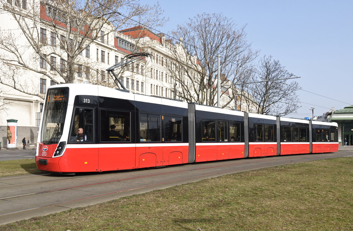 Wiener Linien Type  D  Triebwagen 313 war am 23.02.2021 auf der Linie 6 unterwegs und wurde von mir unweit der Station Margaretengürtel fotografiert, im Hintergrund zu sehen ist die  Mollardburg , erste Zentralberufsschule Wiens, erbaut zwischen 1909 und 1911 zu sehen. 