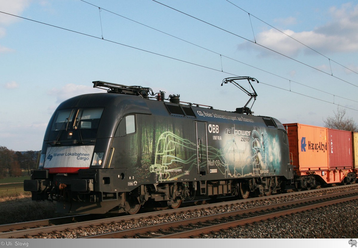 Wiener Lokalbahnen Cargo GmbH ES 64 U2 - 027  Railpower Zero . Aufgenommen kurz hinter Neustadt an der Aisch am 12. März 2015.