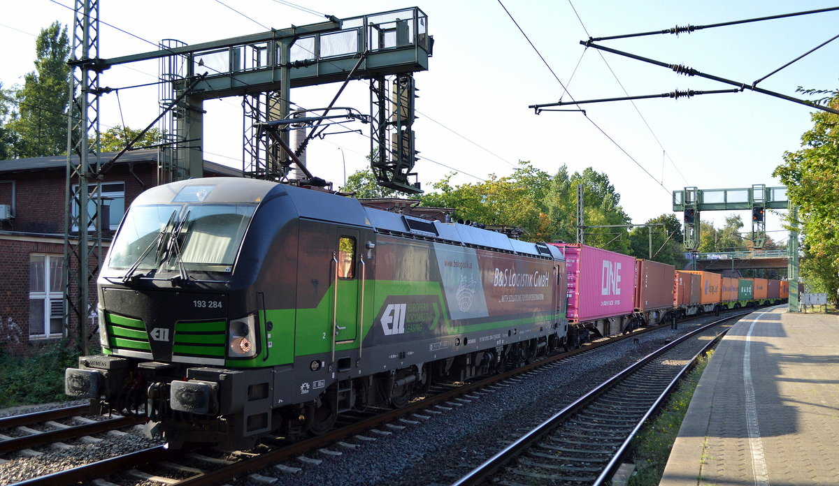 Wiener Lokalbahnen Cargo GmbH, Wien [A] mit der ELL Vectron  193 284  [NVR-Nummer: 91 80 6193 284-7 D-ELOC] verlässt mit Containerzug den Hamburger Hafen am 22.09.20 Bf. Hamburg-Harburg.  