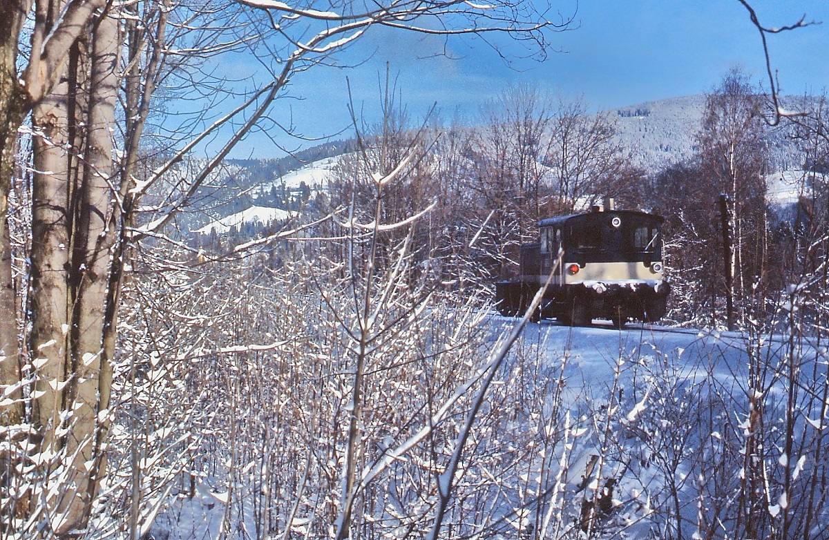 Winter im Bayerischen Oberland 2: Mitte der 1980er Jahre verkehrte noch eine Übergabe nach Bayrischzell, allerdings lediglich zweimal in der Woche und nur bei Bedarf. Zwischen den verschneiten Büschen ist eine unbekannte 332 Anfang Januar 1986 am Schliersee auf dem Rückweg zu erkennen. 