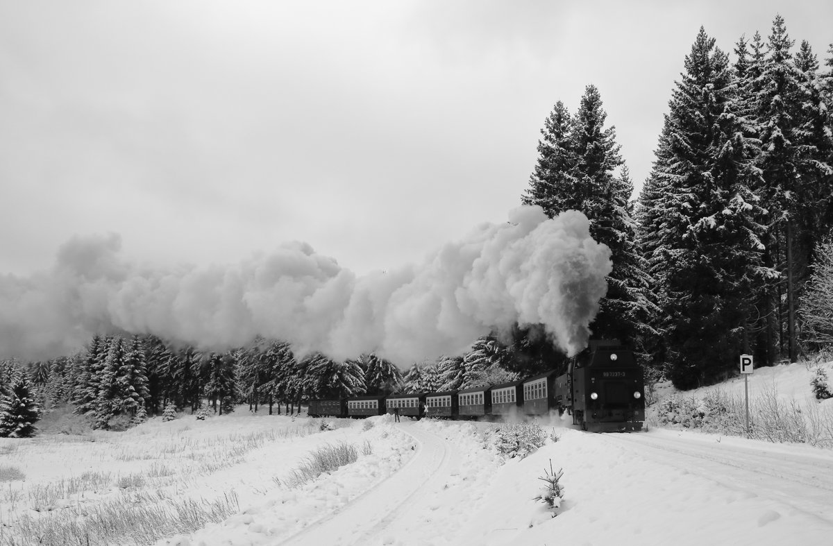 Winterdampf auf der Harzquerbahn. 99 7237 mit dem N8920 zwischen Sorge und Elend. Schwarz/Weiß Version.

Sorge, 18. Dezember 2017