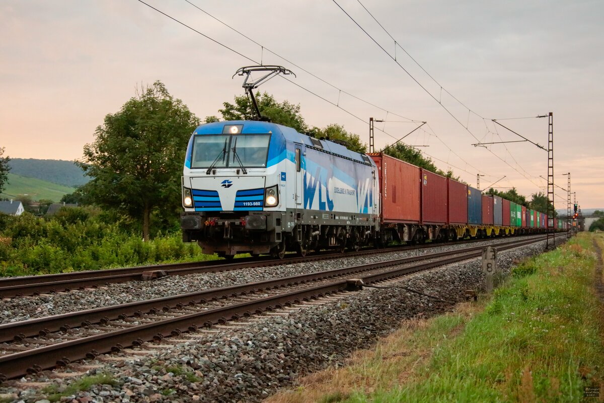 WLC 1193 980 mit Containerzug in Thüngersheim, August 2021.