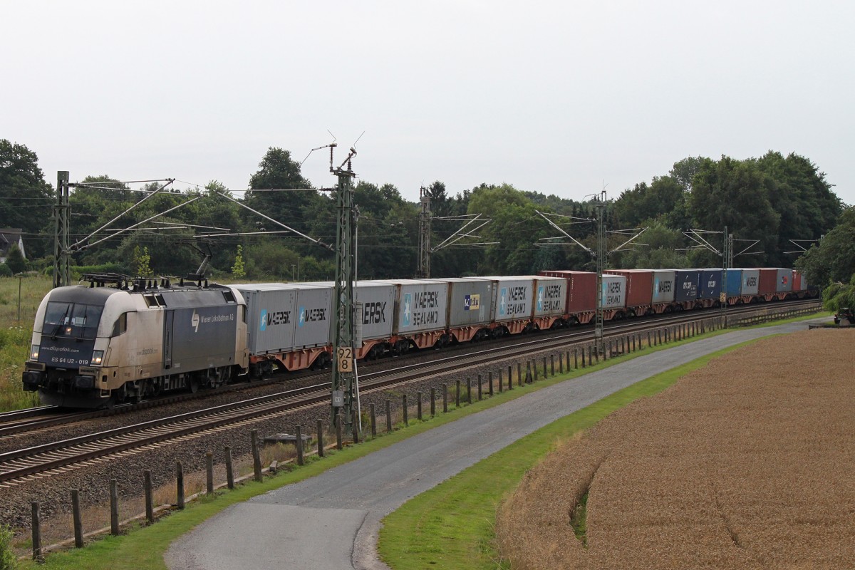 WLC ES 64 U2-019 am 30.07.14 mit einem Containerzug in Langwedel.