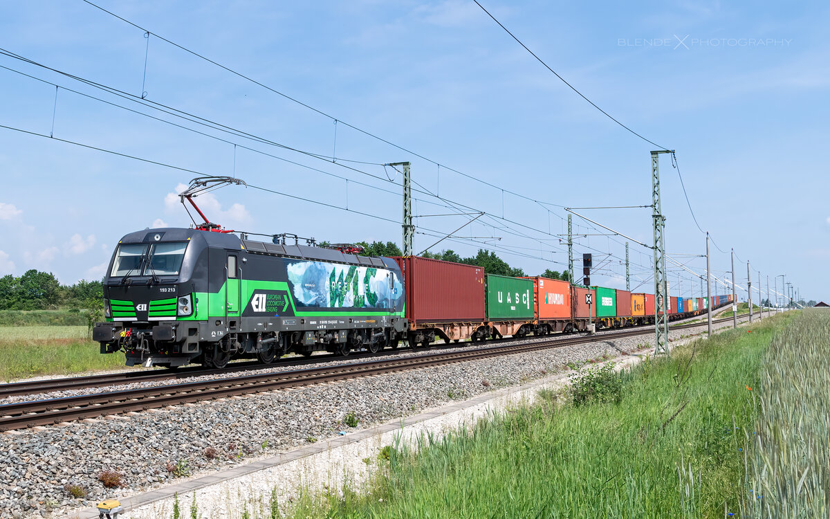 WLC - Wiener Lokalbahnen Cargo GmbH,  Green Deal On Track , Vectron AC, BR193, 193 213 bei Kleingründlach unterwegs in Richtung Nürnberg Hbf, Aufnahme: 10.06.2021