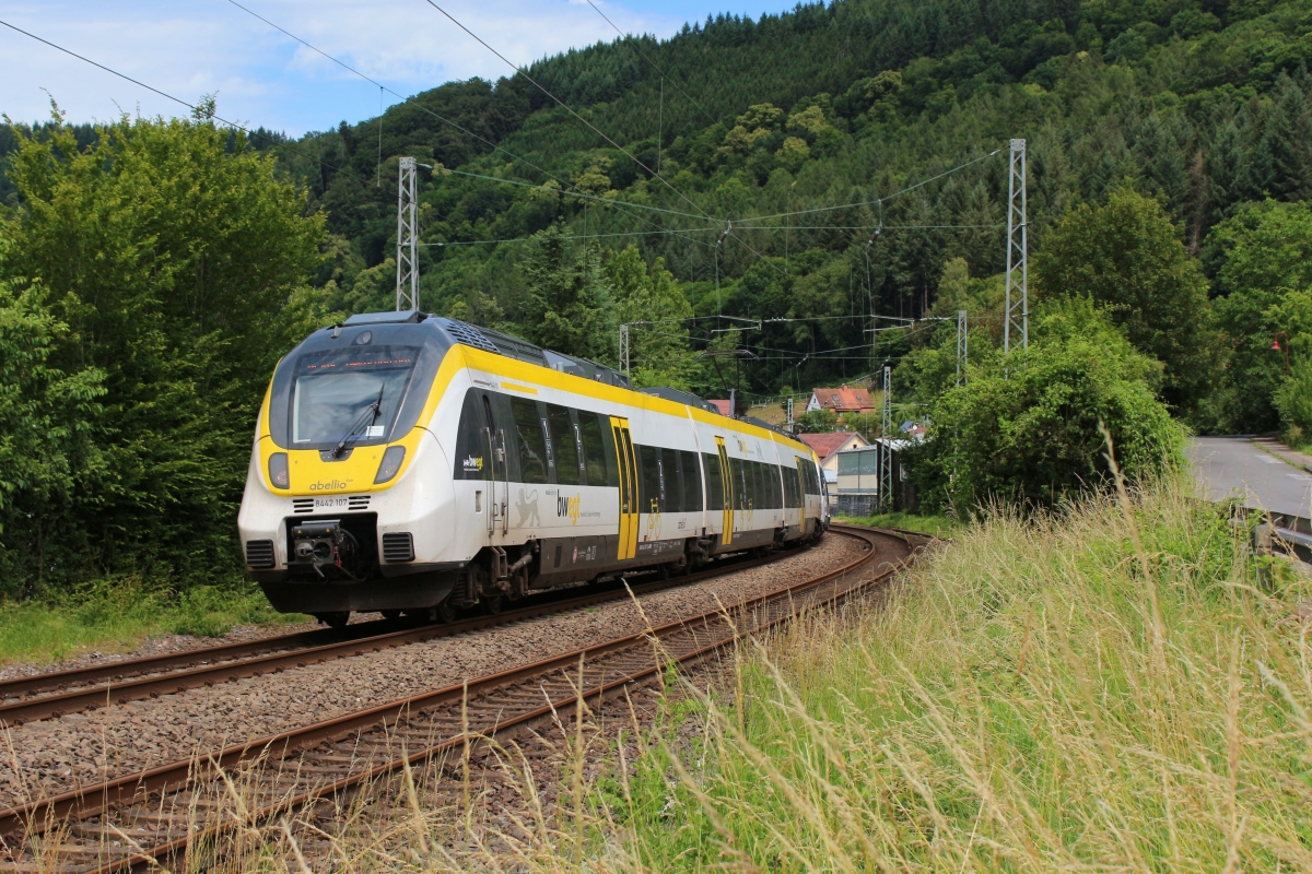 Wo einst Pendolinos der Baureihe 411 im Einsatz waren sind heute Triebzüge der Baureihe 8 442 von Abellio unterwegs. Am 13.06.2020 ist ein doppelter Hamster bei Zwingenberg in Richtung Heilbronn unterwegs.