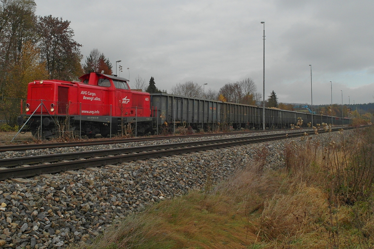 Wo früher die in Ulm-Donautal hergestellten Lkw auf die Bahn verladen wurden, wurde im November Sand für die Neubaustrecke Stuttgart - Ulm von der Bahn auf Lkw verladen. Am 08.11.2016 hat 213 340-3 der AVG die mit Sand befüllten Wagen der Gattung Eanos nach Einsingen gezogen.