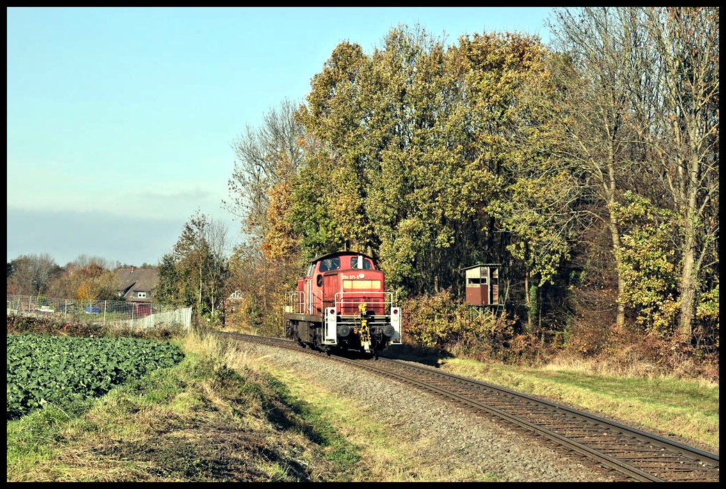 Wochentags um die Mittagszeit fährt die DB eine Leistung von Osnabrück zum Stahlwerk in Georgsmarienhütte. Standard Lokomotive ist dabei die Baureihe 294. Am 12.11.2021 hatte die 294571-5 die Ehre. Allerdings hatte sie für den Weg nach Georgsmarienhütte keine Wagen zu ziehen. Sie holte lediglich einen Zug aus dem Stahlwerk ab. Im Raum Hasbergen Ohrbeck passiert sie hier kurz vor dem Augustaschacht einen derzeit im Herbstwald stehenden Hochsitz!