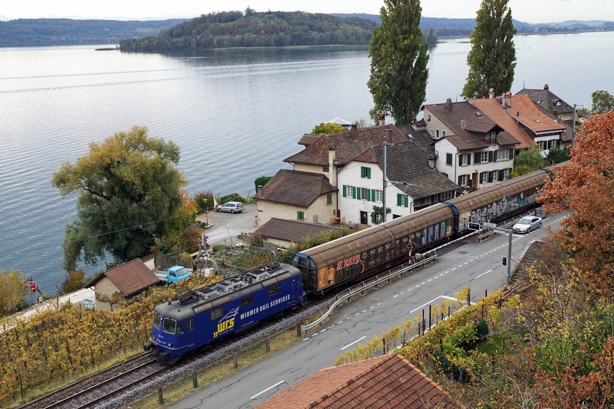 WRS
Widmer Rail Services AG
Am 24. Oktober 2018 waren die WRS Lokomotiven Re 430 112-3 und die Ae 1042 007-1 infolge Testfahrten im Seeland unterwegs.
Bei Ligerz auf dem noch eingleisigen Streckenabschnitt.
Foto: Walter Ruetsch