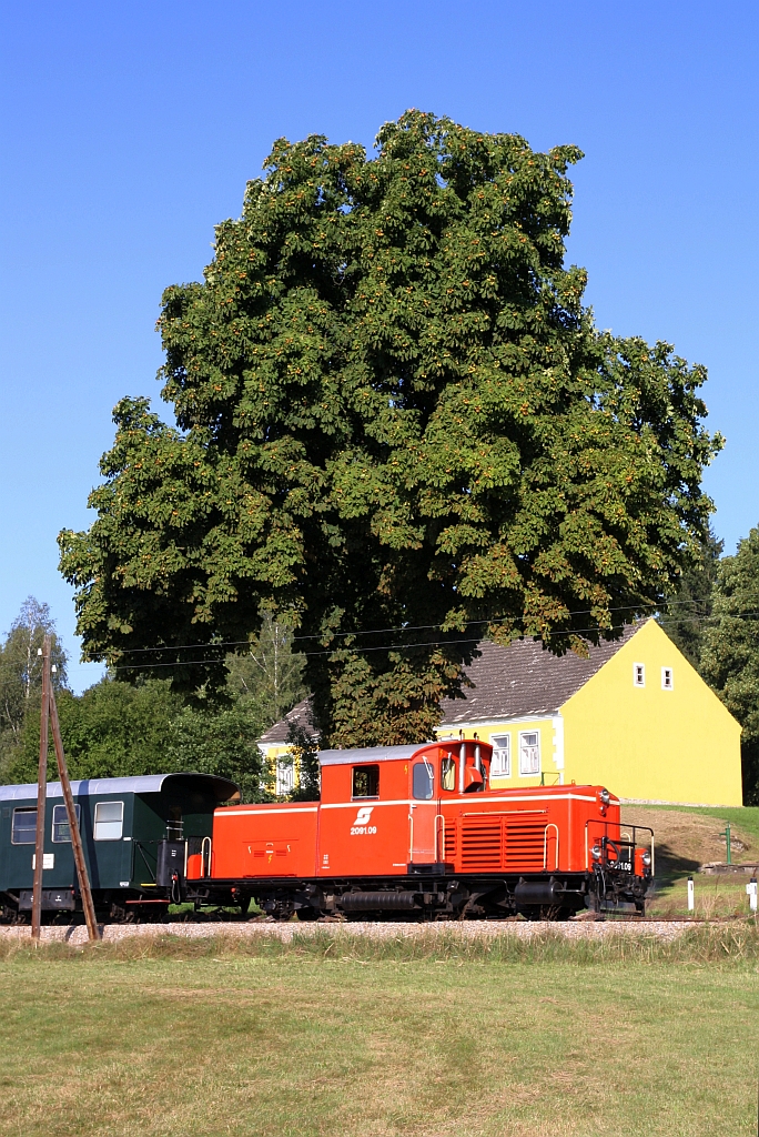 WSV 2091.09 anlässlich des vom WSV veranstalteten 2 tägigen  Güterzugfestival im Wald4tel  am 09.September 2023 in der Haltestelle Aalfang vor der EK mit der L8197 unter einem mächtigen Kastanienbaum.