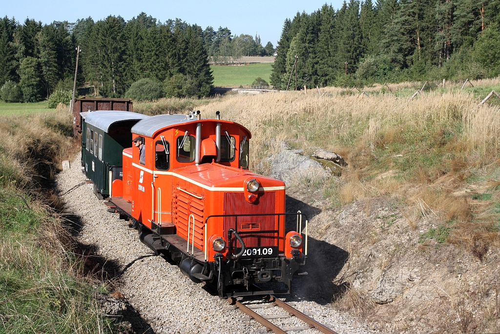 WSV 2091.09 anlässlich des vom WSV veranstalteten 2 tägigen  Güterzugfestival im Wald4tel  am 09.September 2023 kurz vor der Halzestelle Aalfang beim Km 8,0 der Strecke Alt Nagelberg - Heidenreichstein.