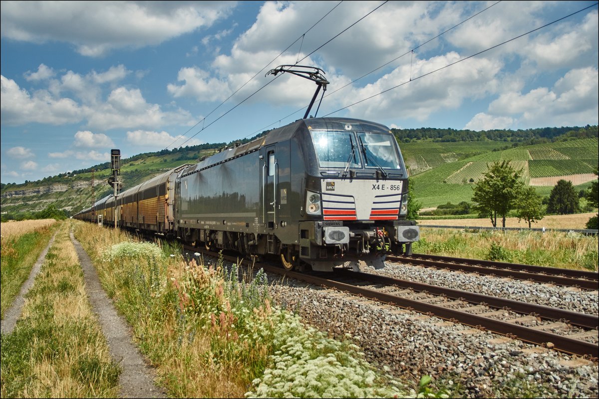 X4E -856 (193 856) ist mit einen Altmann-Autozug bei Thüngersheim am 05.07.2017 unterwegs.