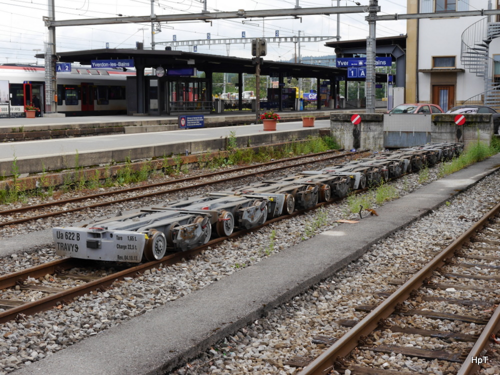 YSteC / Travys - Rollböcke für den Gütertransport abgestellt im Bahnhofsareal in Yverdon les Bains am 20.07.2014