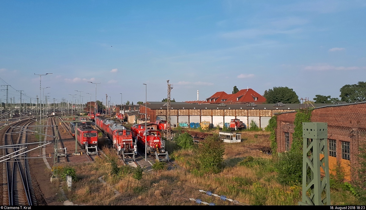 Zahlreiche Loks der DB sind am ehemaligen Bw Halle G nahe der Zugbildungsanlage (ZBA) Halle (Saale) abgestellt.
Aufgenommen von der Berliner Brücke.
[18.8.2018 | 18:23 Uhr]