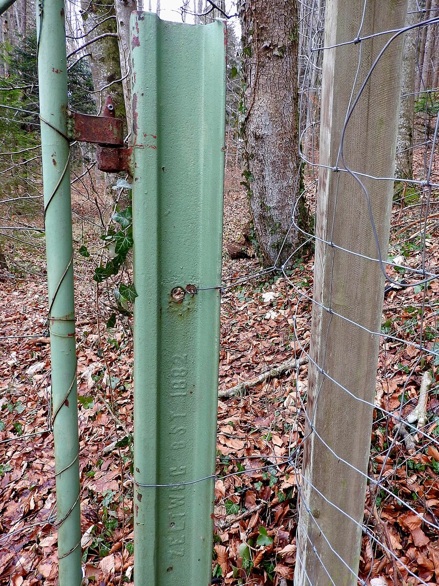  Zaunsteher  aus einer Schiene, eher nichts ungewöhnliches, oder doch?
eher schon, denn ein bißchen alt (140Jahre)ZELTWEG-BST-1882; 
(BST steht wohl für Bessemer-Stahl, welcher seit 1872 in Zeltweg zur Verwendung kam)
sowie weit, weit weg von irgendwelchen Bahnstrecken im  Weilharter-Forst  nächst der Salzach im Bereich der Deutsch-Österr. Grenze; 221229