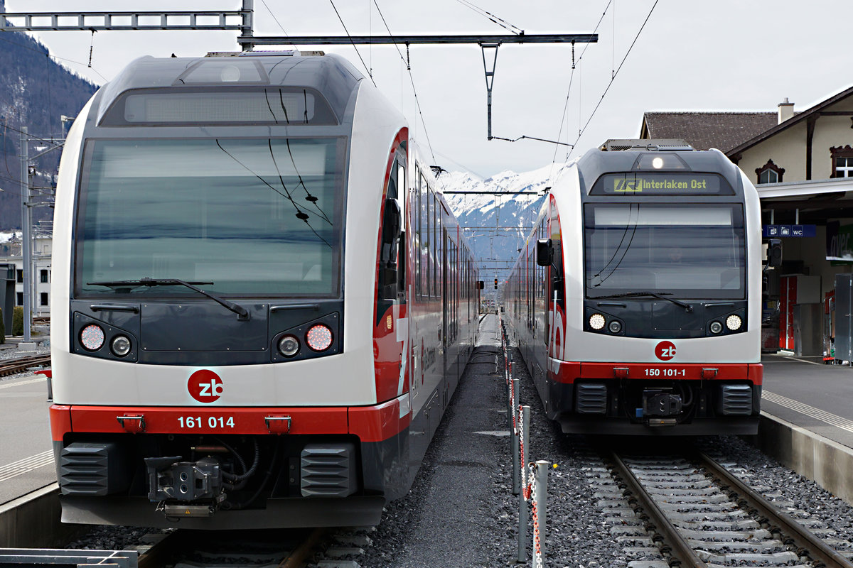 ZB/SBB: Zusammentreffen von ABeh 161 014 und ABReh 101-1 in Meiringen am 9. März 2018.
Foto: Walter Ruetsch