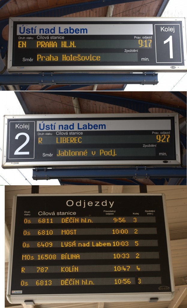 Zielrichtungsanzeiger in Usti nad labem  Hln. (oben) und Usti nad Laben szapad (unten)gegen 09:17 Uhr und 09:50 Uhr aufgenommen.