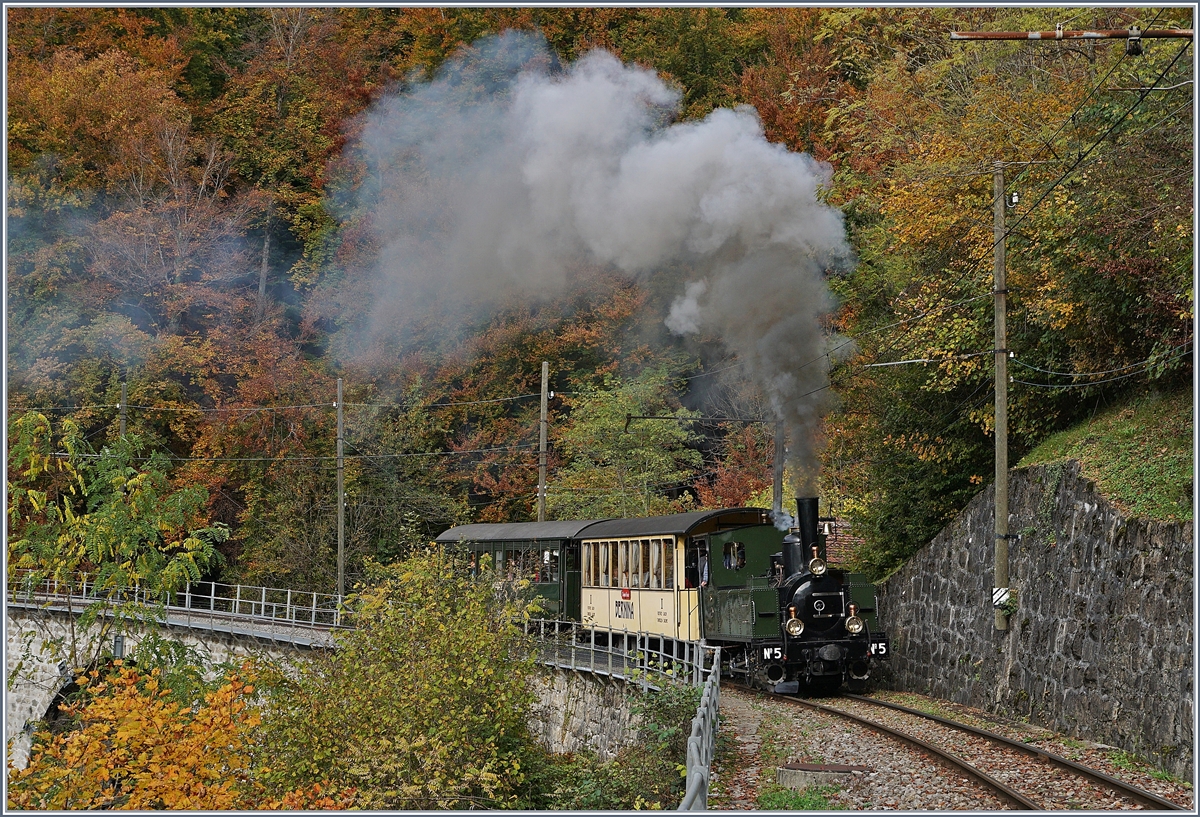 Zu meiner Freude und Überraschung lies die Blonay-Chamby Bahn es zum Saisonende 2019 nochmals so richtig Dampfen und liess auch vermehrt elektrische Züge zwischen Chaulin und Blonay auf die Strecke. 
Im Bild die G 3/3 N° 5 (ex. LEB) die nach der vorsichtigen Fahrt über die Brücke nun bei Vers-chez-Robert die recht kräftige Steigung in Richtung Chamby in Angriff nimmt. 


27. Okt. 2019