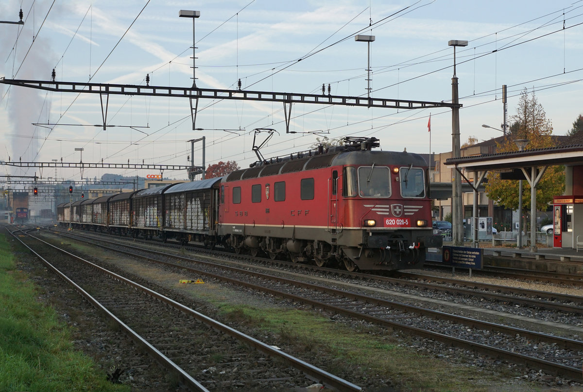 Zuckerrübenkampagne 2017
SBB: Rübenschnitzelzug mit der Re 620 026-5 ZOLLIKOFEN in Aarberg zur Abfahrt nach Lyss bereit. Für die Beförderung dieser Güterlast hätte auch eine Bo'BO gereicht. Die starken Lokomotiven der BR Re 6/6 fahren eher selten nach Aarberg.
Foto: Walter Ruetsch  
