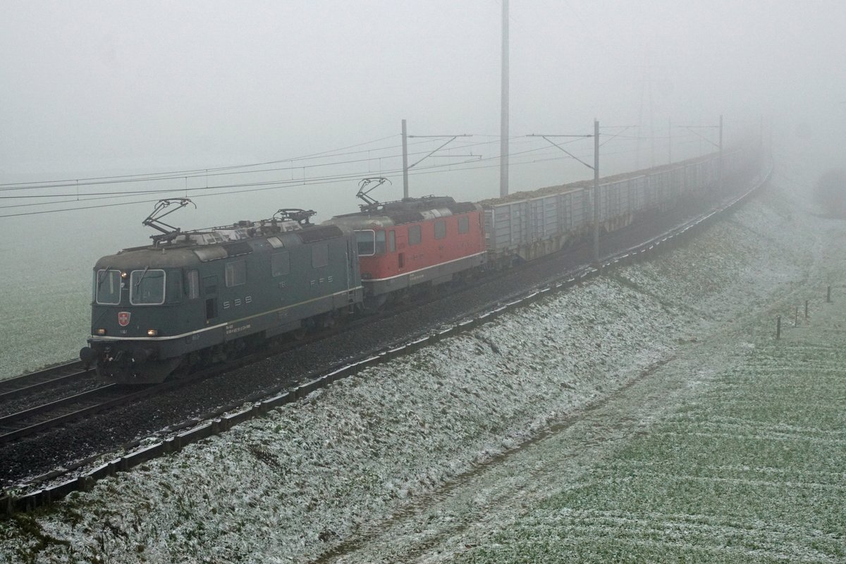 ZUCKERRÜBENKAMPAGNE AARBERG 2020.
Der letzte Rübenzug Zweidlen-Arberg im Dienste der Sersa Group mit den Re 4/4 11161 und der Re 4/4 11143 bei Bollodingen im Nebel.
Bei der Re 4/4 11161 handelt es sich um die einzige Grüne vom Personenverkehr.
Foto: Walter Ruetsch