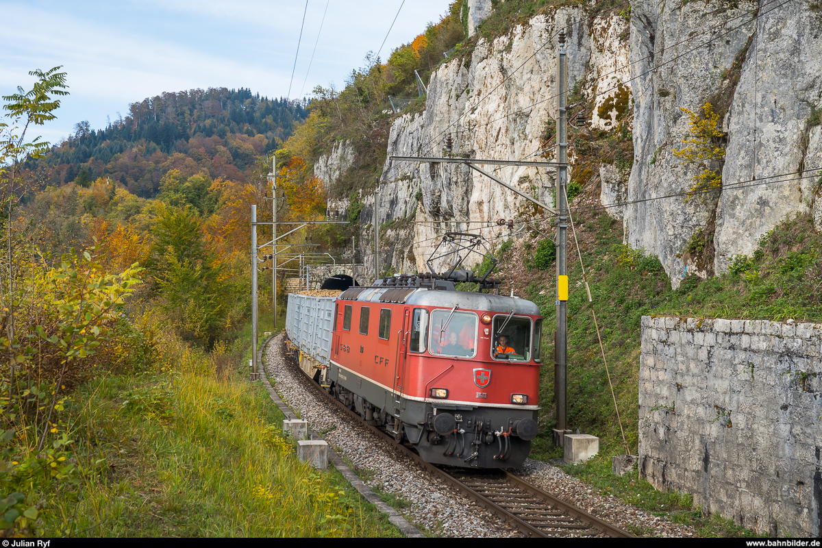 Zuckerrübenkampange 2020: SBB Re 4/4 II 11130 im Einsatz für die CJ mit einem Rübenzug Alle - Delémont am 19. Oktober 2020 bei St-Ursanne.