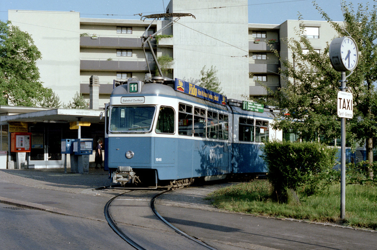 Zürich VBZ Tram 11 (SWS/BBC/SAAS Be 4/6 1646) Rehalp, Forchstrasse (Endstation Rehalp) im Juli 1983. - Scan von einem Farbnegativ. Film: Kodak Safety Film 5035. Kamera: Minolta XG-1.