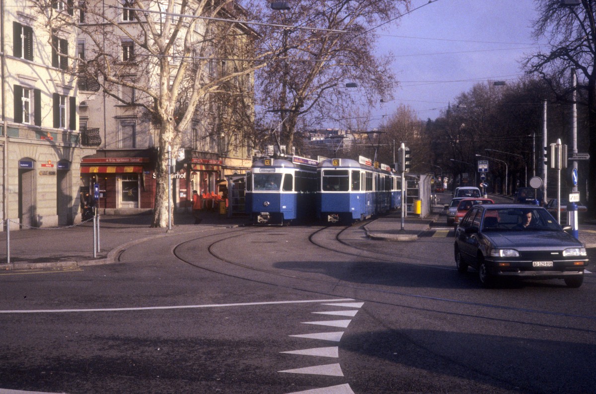 Zrich VBZ Tram 13 (Be 4/6 1628 / 1705) Sihlquai / Zollbrcke im Februar 1994. 