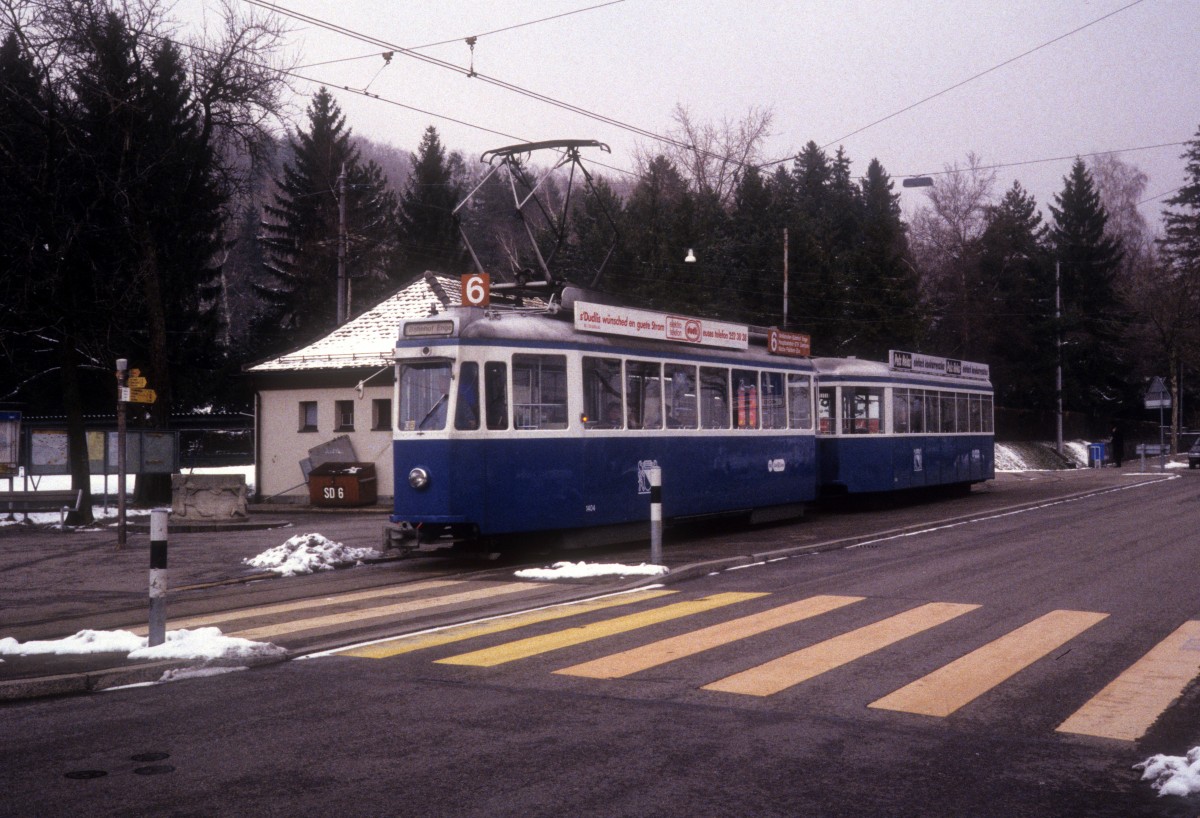 Zrich VBZ Tram 6 (Be 4/6 1404 + B 744) Zrichbergstrssse / Zoo im Februar 1994.