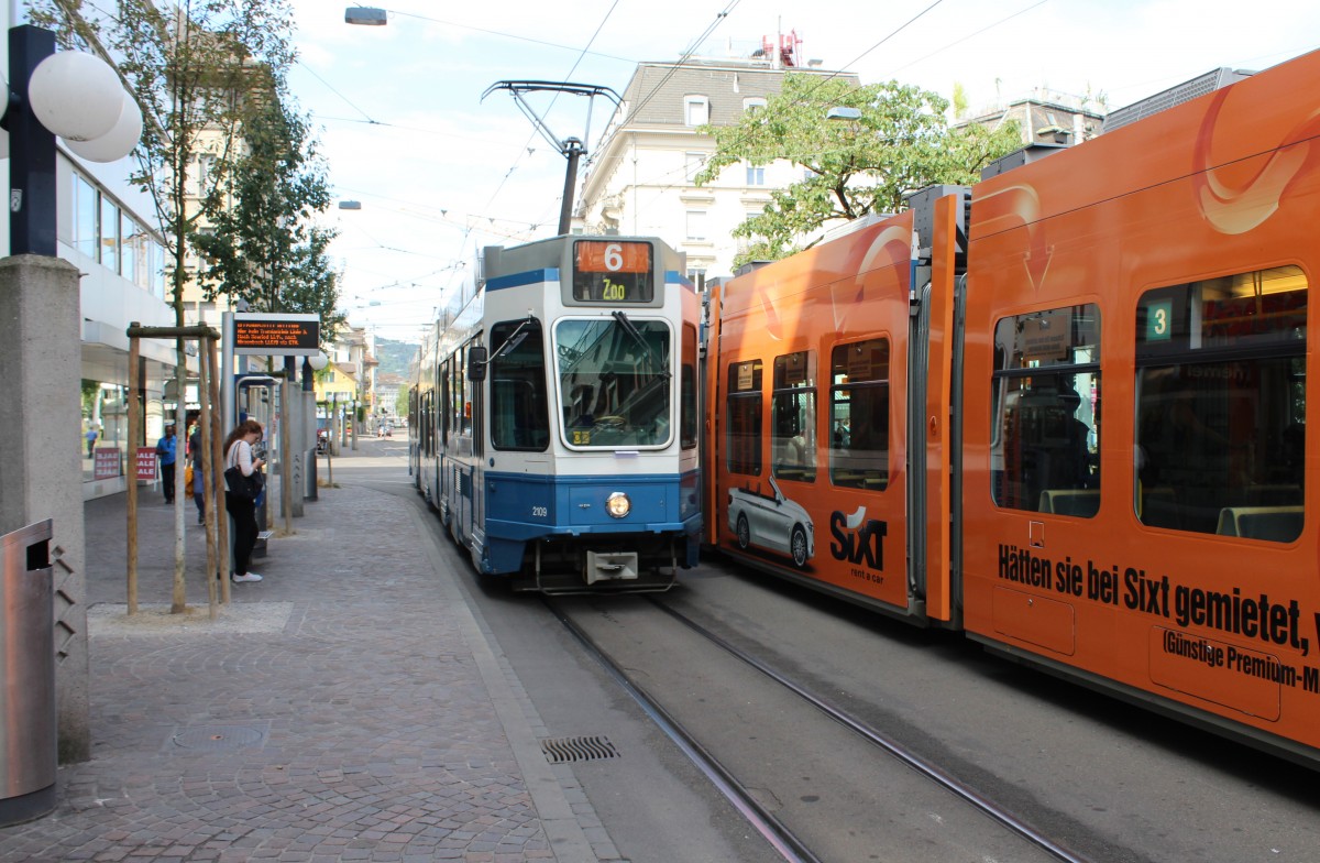 Zürich VBZ Tram 6 (SWP/SIG/ABB Be 4/8 2109) Stauffacher am 13. Juli 2015.