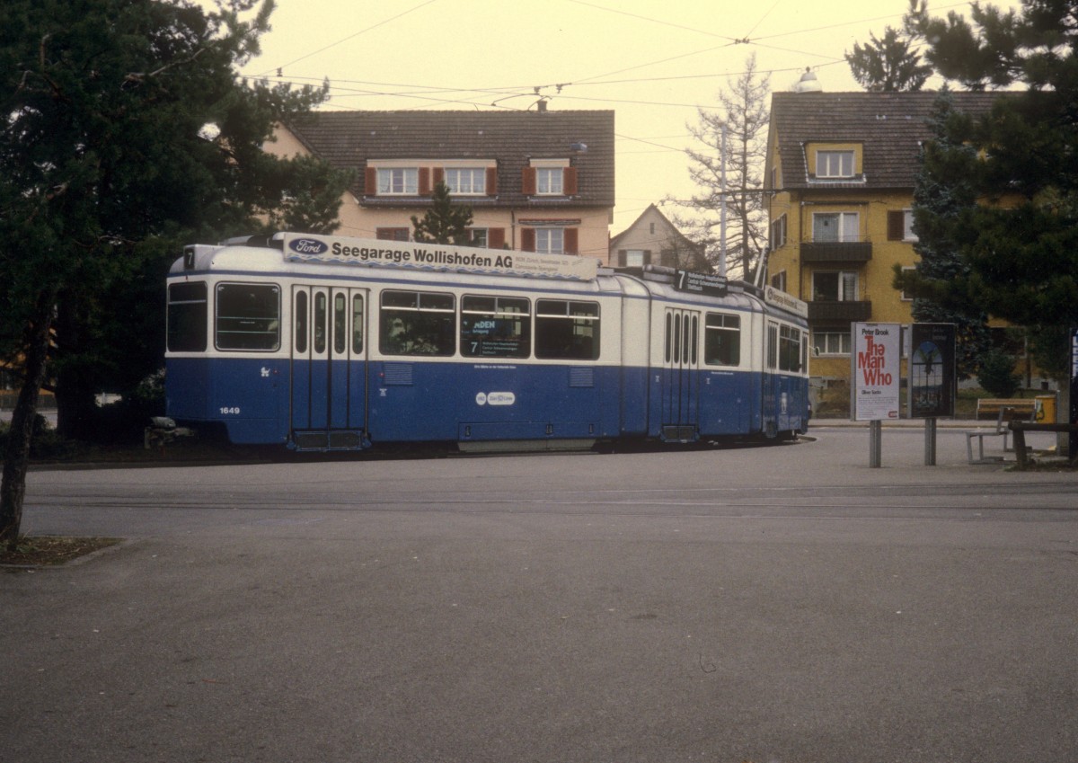 Zürich VBZ Tram 7 (Be 4/6 1649) Wollishofen im Februar 1994.