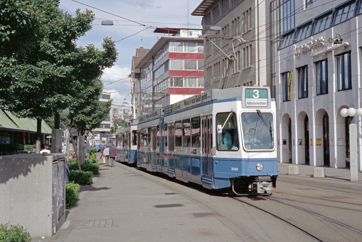 Zürich VBZ Tramlinie 3 (SWP/SIG/BBC-Be 4/6 2090, Bj. 1987) Badenerstrasse / Zweierplatz am 26. Juli 1993. - Scan eines Farbnegativs. Film: Kodak Gold 200-3. Kamera: Minolta XG-1. 