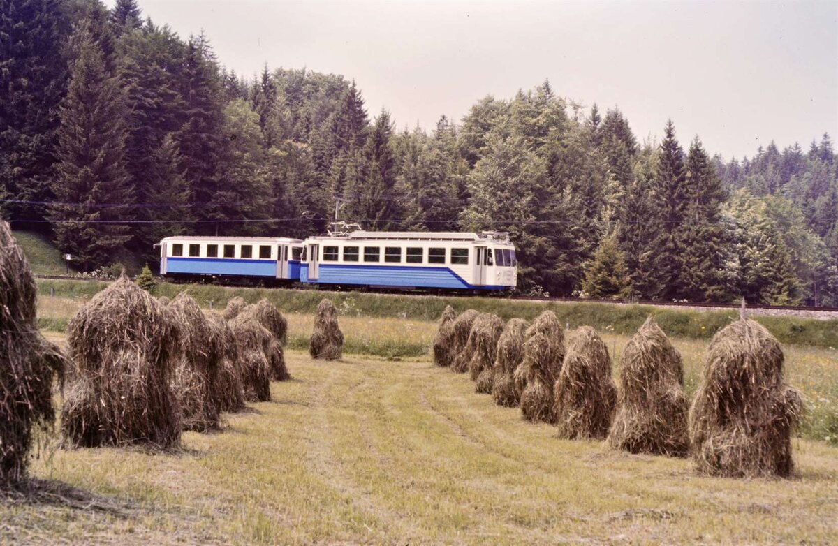 Zug der Bayerischen Zugspitzbahn (BZB 5-6 und Vorstellwagen) im Sommer 1984