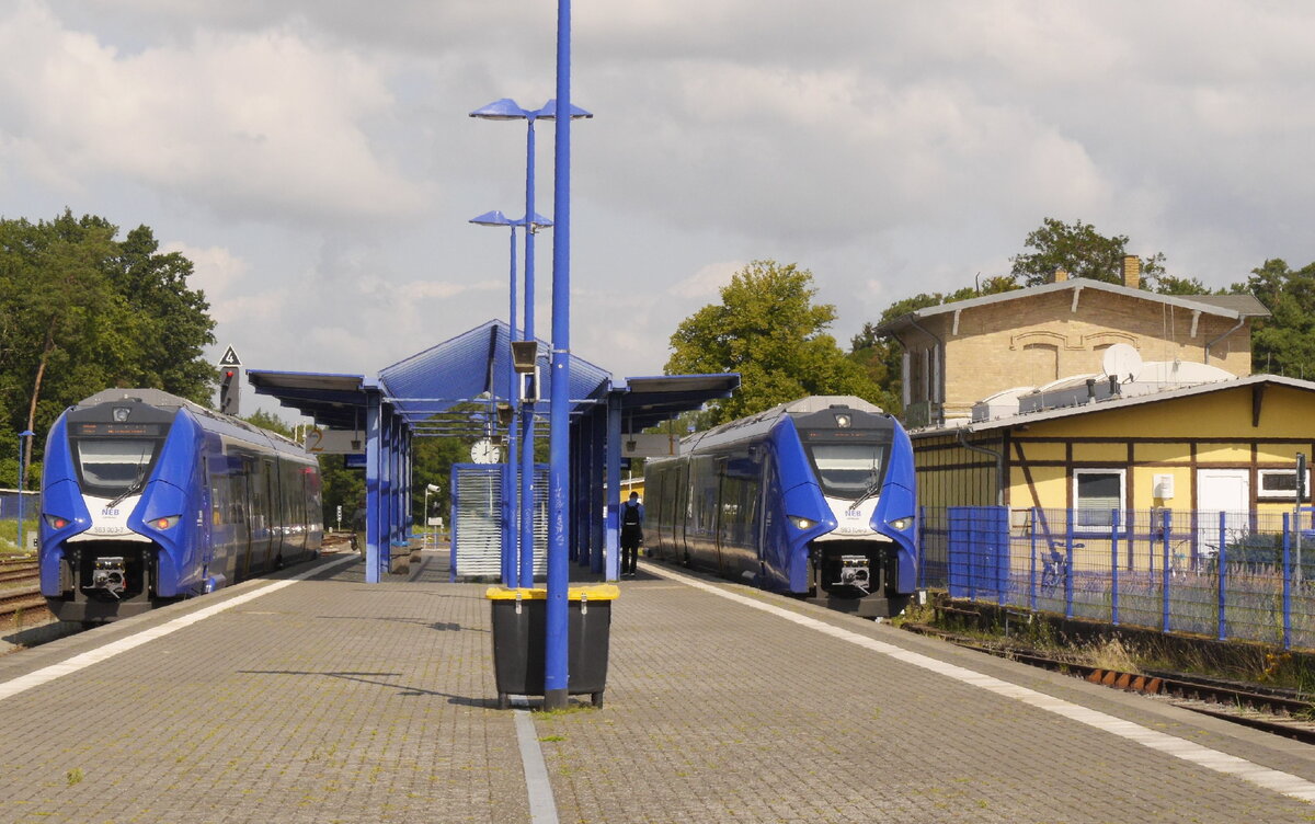 Zugkreuzung im Bf Basdorf (NEB) am 20.8.25. Links: 563 003 nach Wensickendorf, rechts 563 004 nach Berlin-Karow.