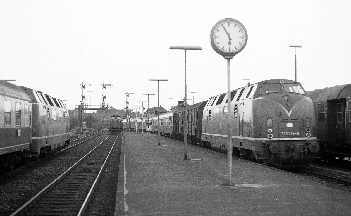 Zugkreuzung in Eutin am 25.9.1981. Links 220 029, rechts 220 045.