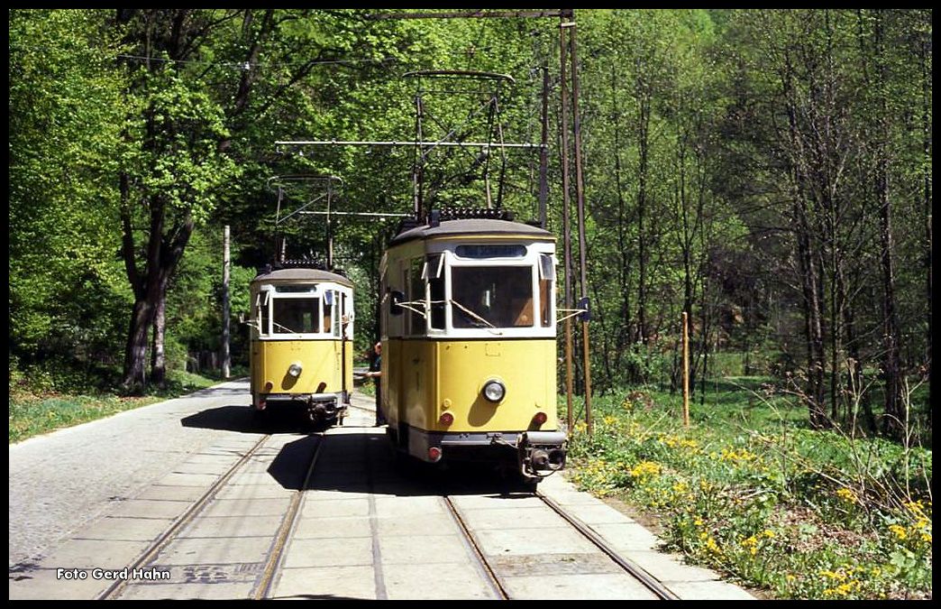 Zugkreuzung der Kirnitzschtalbahn nahe Forsthaus mit TW 5 und 8 am 4.5.1990.