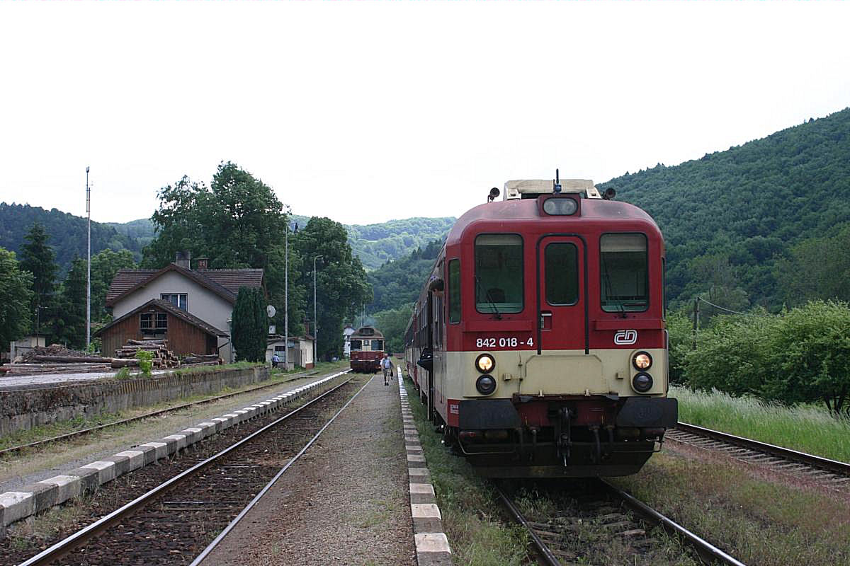 Zugkreuzung und Umsteigen am 1.6.2005 im Grenzbahnhof Vlarsky Prusmyk auf tschechischer Seite. Hinten steht ZSR 850043, mit dem ich auch Trencin ankam und vorne steht mein Anschlusszug CD 842018.