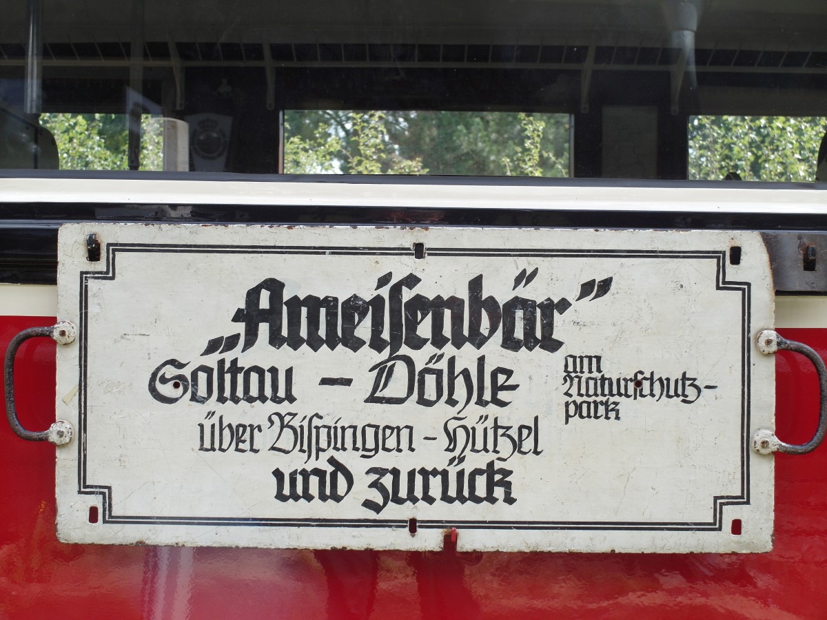 Zuglaufschild    Ameisenbär  Soltau - Döhle über Bispingen Hützel und zurück  am OHE VT508 ( Schweineschnäuzchen ), Wismarer Schienenbus, Baujahr 1937; 24.08.2014