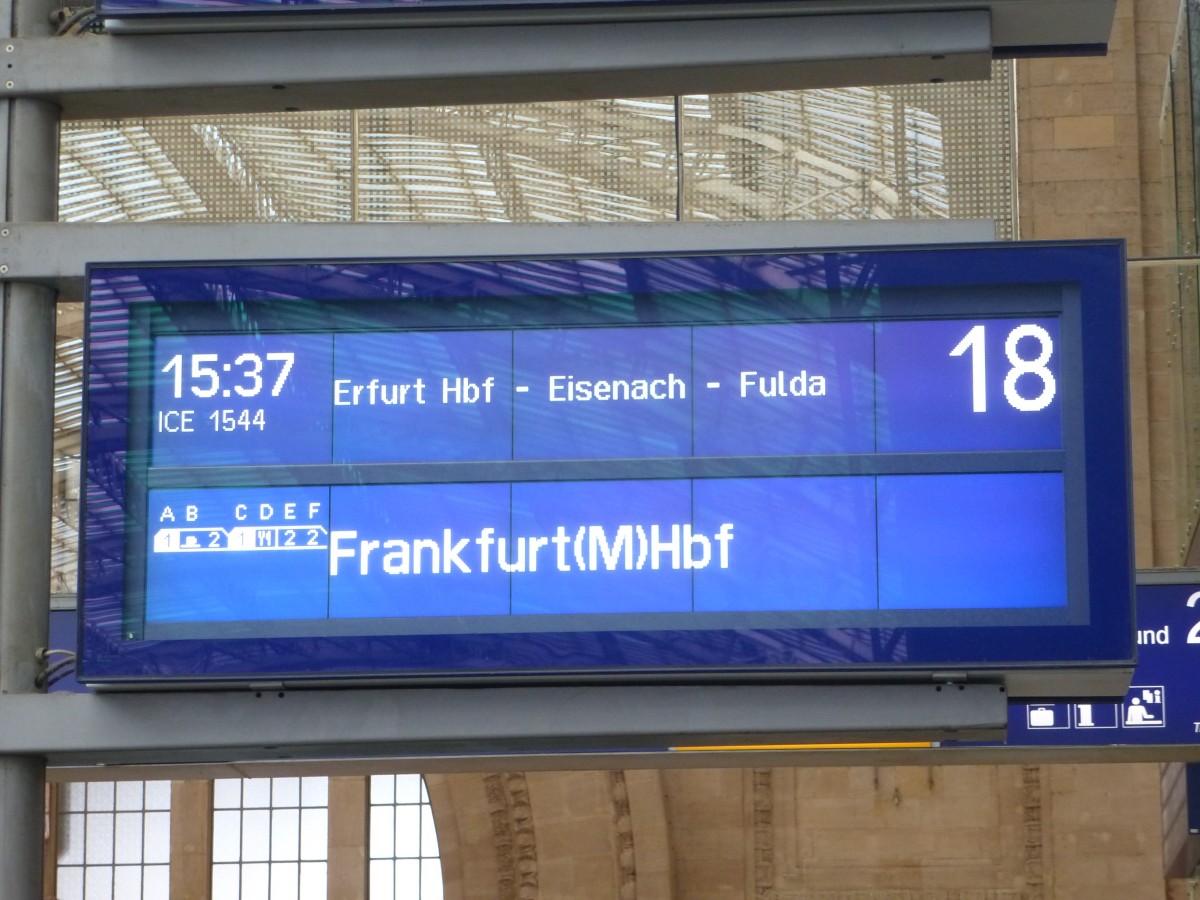 Zugzielanzeiger für den ICE1544 nach Frankfurt(Main) Hbf.
Leipzig Hbf, 19.08.2014.