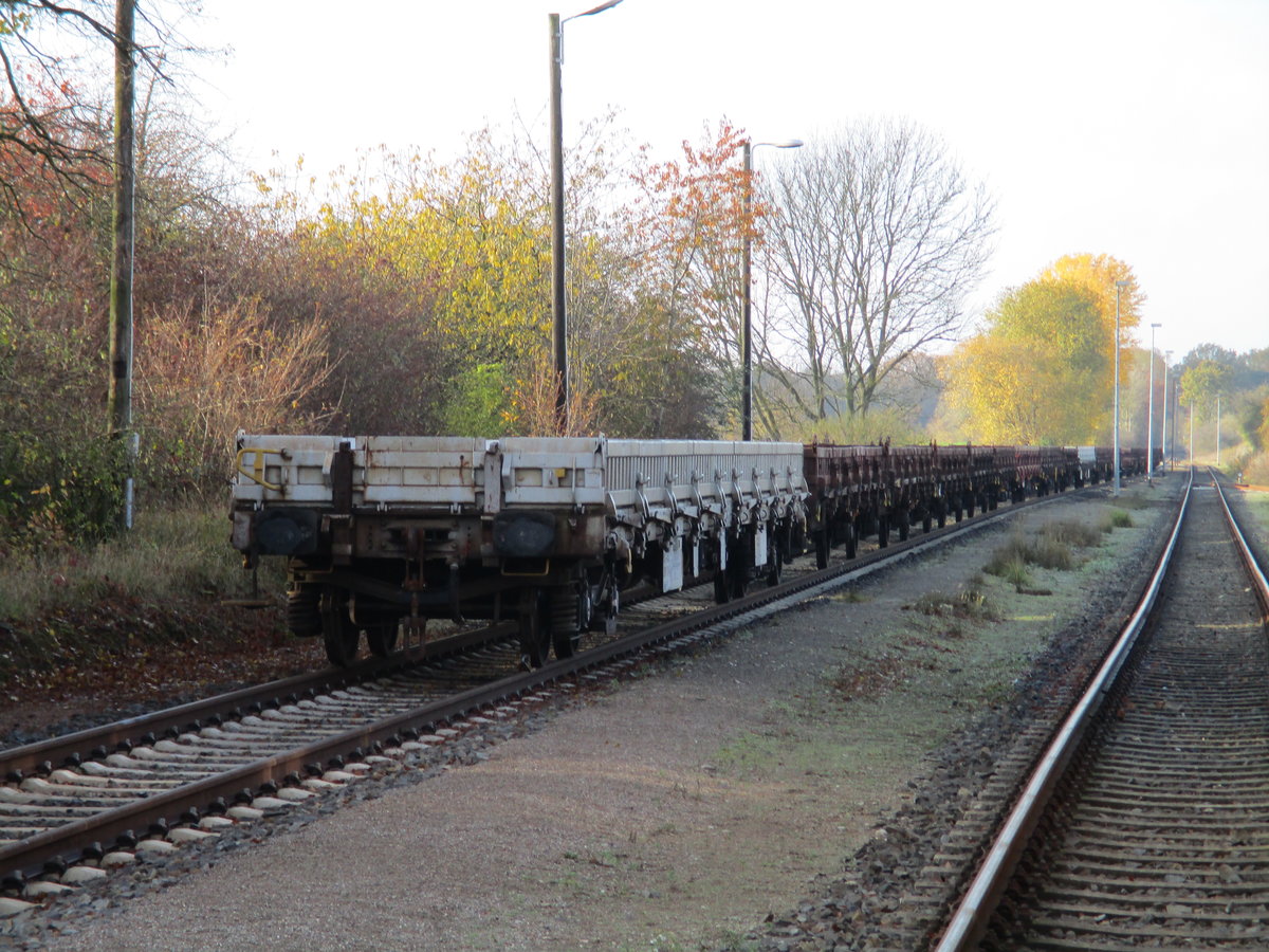 Zum Abholen von Schwellen aus dem Betonschwellenwerk standen,am 10.November 2029,mehrere Res in Möllenhagen bereit.Aufnahme vom Bahnübergang aus.