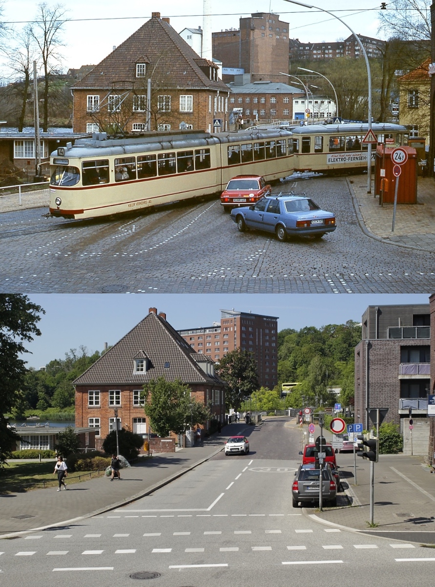 Zum Abschluss meiner  Zeitreise  durch Kiel noch eine Aufnahme des GT6 267, der am 27.04.1985 die Schleife Wellingdorf verlässt, darunter der Blick, der sich mir von der selben Stelle am 08.07.2023 bot