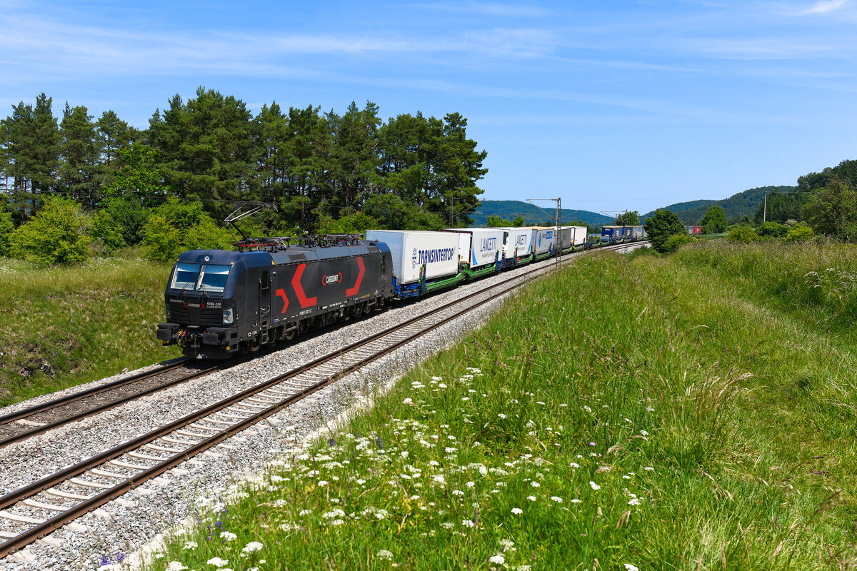 Zum Aufnahmezeitpunkt befand sich die Firma Helrom in einer wirtschaftlich schwierigen Situation. Auf dem Papier liest sich das Geschäftskonzept zumindest gut. Helrom bringt für die unter eigener Regie betriebenen KLV-Züge innovative Tragwagen zum Einsatz. Mit dem HTW Trailer Wagen steht nämlich erstmals eine Güterwagentechnologie zur Verfügung, welche die Barrieren des intermodalen Wechsels zwischen Straße und Schiene nachhaltig überwindet. Eine asphaltierte Fläche neben dem Gleiskörper genügt. Der HTW Trailer Wagen klappt seitlich auf und der Lkw-Trailer wird in die Transporttasche des Wagens geschoben. Der Verladevorgang kann in wenigen Minuten überall erfolgen, wo eine geeignete Fläche neben einem Gleis zur Verfügung steht. Aufwändige Terminals mit großen Krananlagen sind nicht mehr erforderlich. Am 13. Juni 2025 konnte ich den DGS 41118 von Budaörs in Ungarn nach Düsseldorf-Reisholz bei Kerschhofen in der Oberpfalz fotografieren. Der einigermaßen ausgelastete Zug wurde von der auf den Namen Cameron getauften 6193 238 von CARGOUNIT gezogen. 