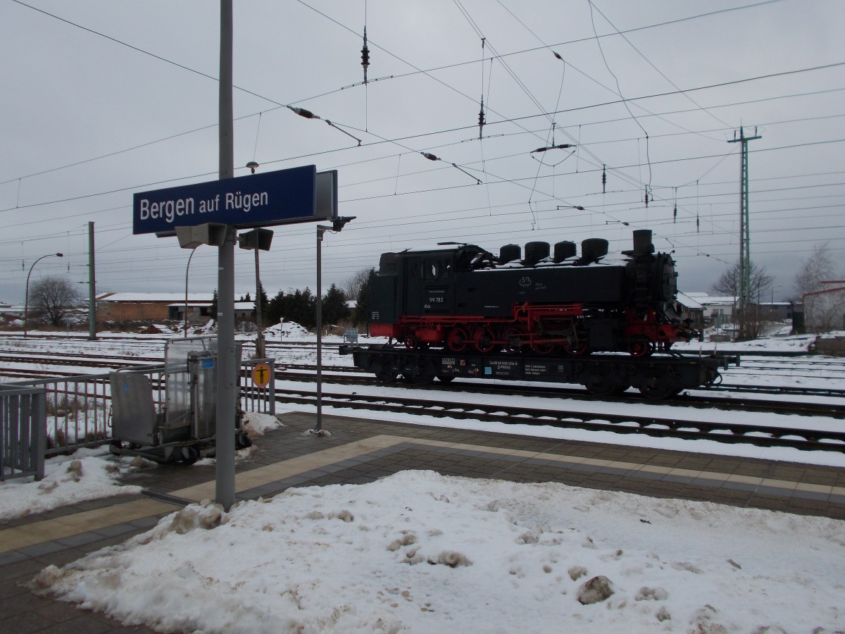 Zum ersten Mal kam die 99 1783,am 07.Februar 2015,nach Bergen/Rügen obwohl Bergen knapp zehn Bahnkilometer von Putbus entfernt ist.