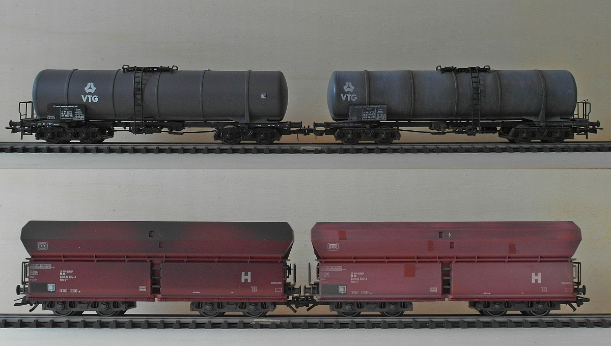 Zum  Tag der Modelleisenbahn  (02.12.) zwei Bilder von einem H0-Kesselwagen von Roco und einem H0-Schüttgutwagen von Märklin ohne und mit bzw. vor und nach der leichten farblichen Behandlung. Aufnahmen vom 12.06.2016.