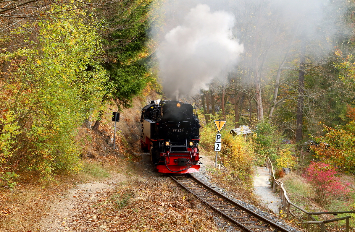 Zurücksetzen von 99 234 mit IG HSB-Sonderzug für eine Scheinanfahrt am 21.10.2018 in Höhe Drahtzug.