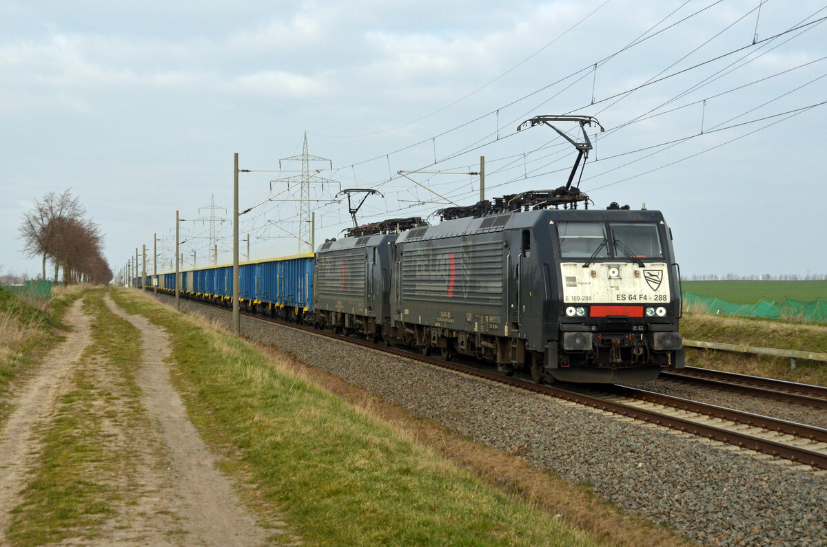 Zusammen mit 189 290 schleppte 189 288 für die BELog einen Hochbordwagenzug am 26.03.22 durch Braschwitz Richtung Halle(S).