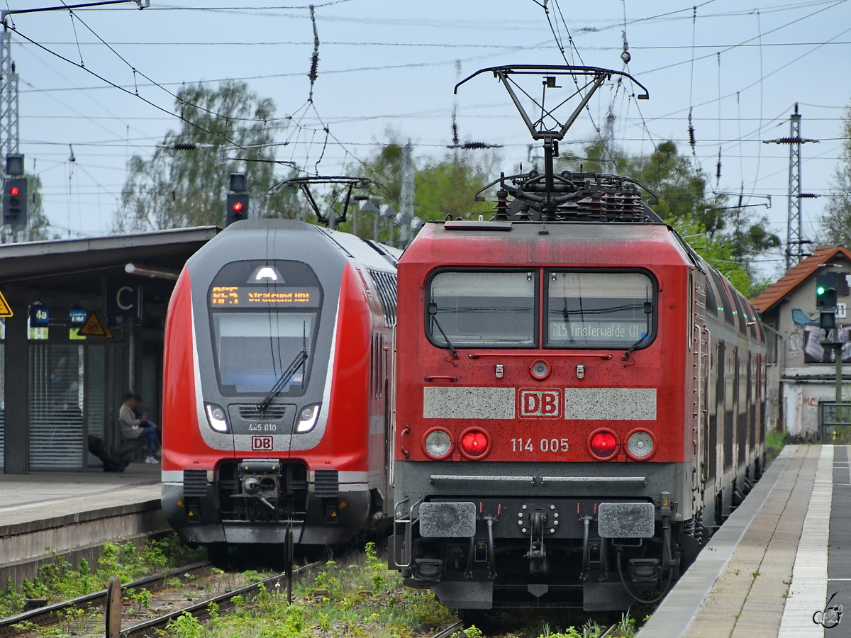 Zusammentreffen der Fahrzeuge auf der Line RE5 am Hauptbahnhof in Neustrelitz im Mai 2021, in diesem Falle eine von 114 005 Doppelstockgarnitur in Richtung Finsterwalde und der Twindexx-Triebzug 445 010.  