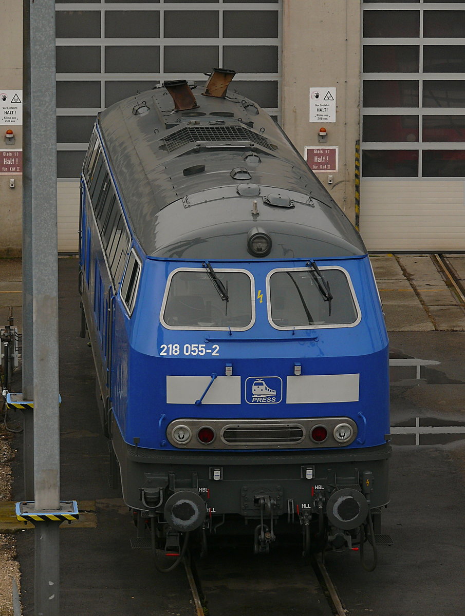 Zusehen ist die blaue 218 055 der Pressnitztalbahn welche am 26.12. auf dem Gelände der Ulmer Fahrzeuginstandhaltung stand.