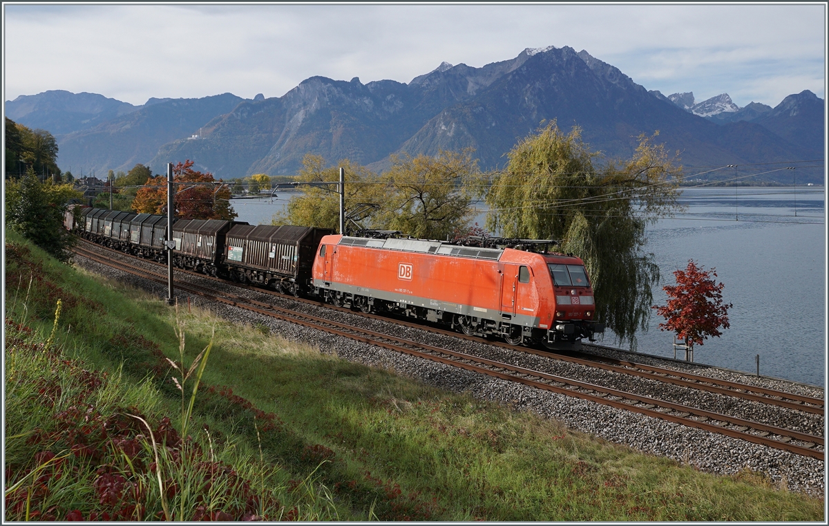 Zwar kann eine DB 185 mit der schönen  Novelis  189 kaum verglichen werden, doch bringt die DB Lok doch etwas Abwechslung an den Genfersee und bietet sich besonders im bunten Herbst als Fotosujet an: Die DB 185 137-7 ist mit ihrem Novelis Güterzug kurz nach Villeneuve auf der Fahrt nach Göttingen.

20. Oktober 2020