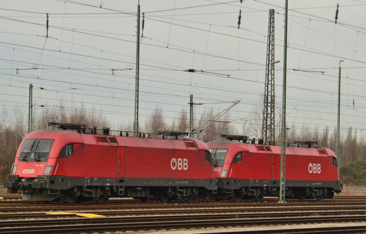 Zwei abgestellte ÖBB 1116 Stiere in Bissingheim am 28.1.2017