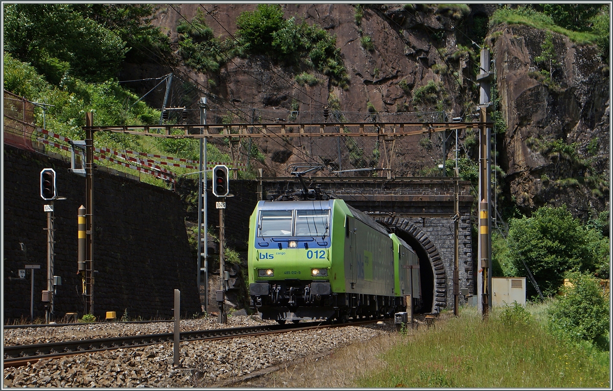 Zwei BLS Re 485 verlassen mit einem Güterzug den 1560 langen Prato Kehrtunne kurz vor Faido.
23. Juni 2015